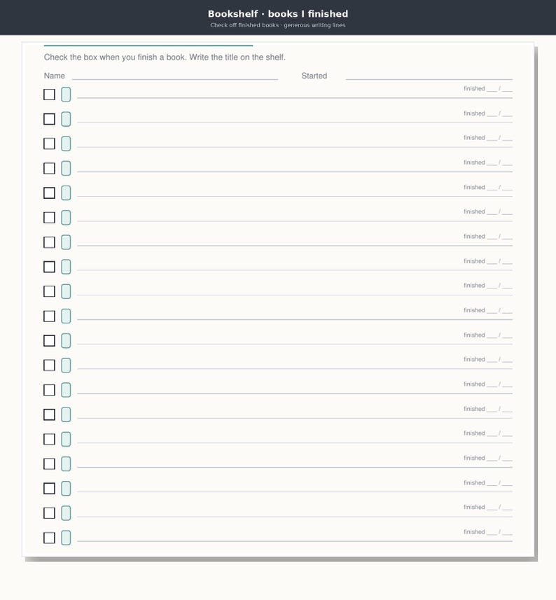 May include: A white paper reading log titled Bookshelf books I finished. It features a header with Name and Started fields, followed by twenty rows with checkboxes, small book icons, horizontal writing lines, and a finished date section.