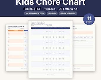 Kids Chore Chart Printable | Weekly Daily Responsibility Chart | Fillable PDF Letter A4