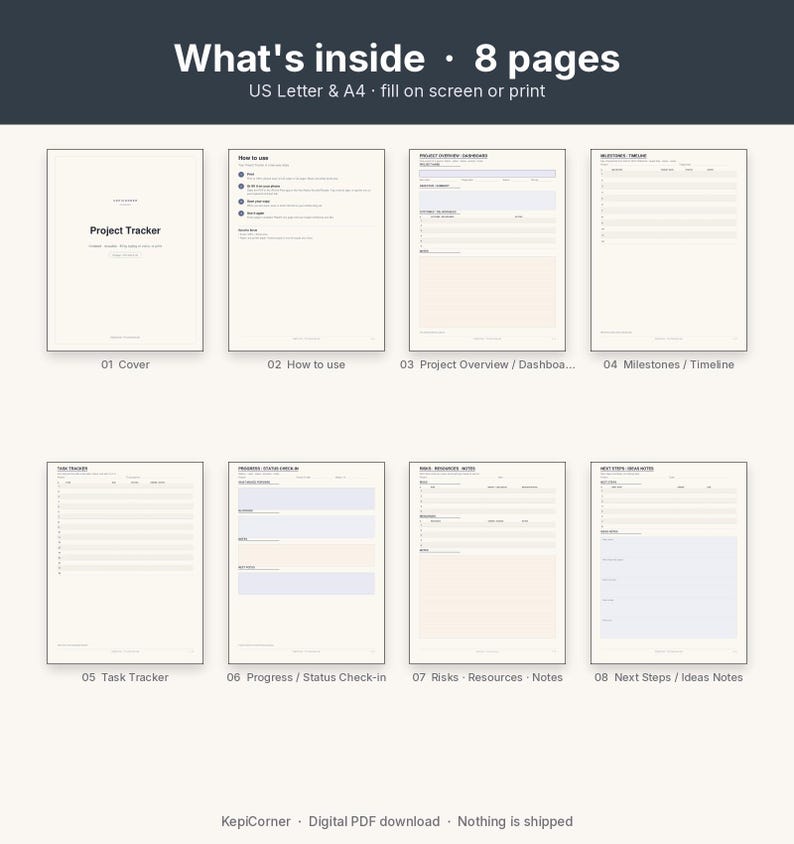 Project Tracker Printable | Project Planner Fillable PDF | One Project Overview Letter A4 image 3