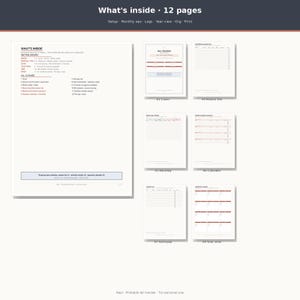 May include: A digital document titled What's inside 12 pages displaying a layout of financial tracking templates. The pages include a bill tracker, master list, monthly log, calendar, auto-pay log, and year view with black text on white backgrounds.