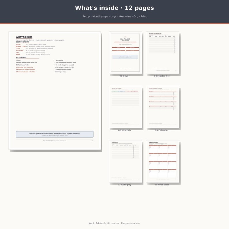 May include: A digital document titled What's inside 12 pages displaying a layout of financial tracking templates. The pages include a bill tracker, master list, monthly log, calendar, auto-pay log, and year view with black text on white backgrounds.