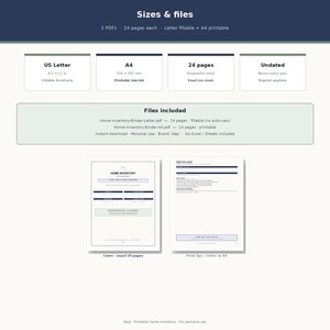 May include: A digital home inventory binder document set featuring two 24-page PDFs in US Letter 8.5 x 11 inch fillable format and A4 printable format. Includes a cover page and print tips page with text detailing file names and usage instructions.