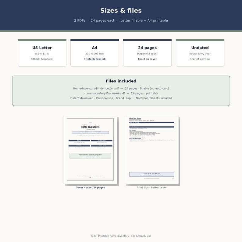 May include: A digital home inventory binder document set featuring two 24-page PDFs in US Letter 8.5 x 11 inch fillable format and A4 printable format. Includes a cover page and print tips page with text detailing file names and usage instructions.
