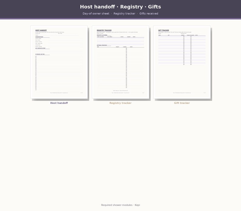 May include: Three white printable sheets featuring black text and lines. The documents are titled Host Handoff, Registry Tracker, and Gift Tracker. Each page includes structured sections with blank lines and checkboxes for organizing event details.