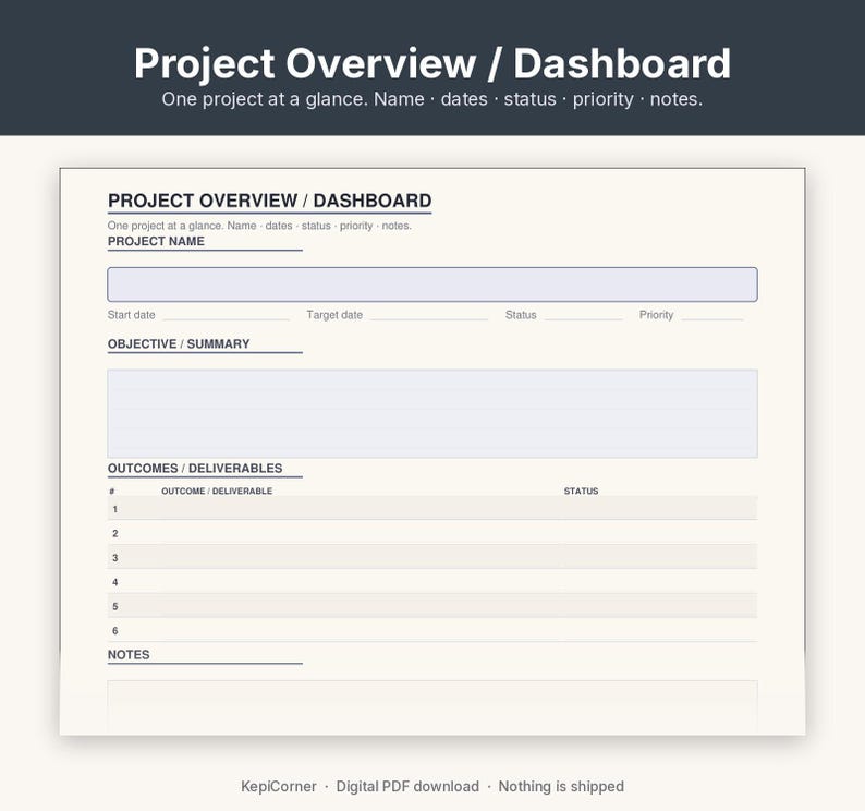 Project Tracker Printable | Project Planner Fillable PDF | One Project Overview Letter A4 image 5