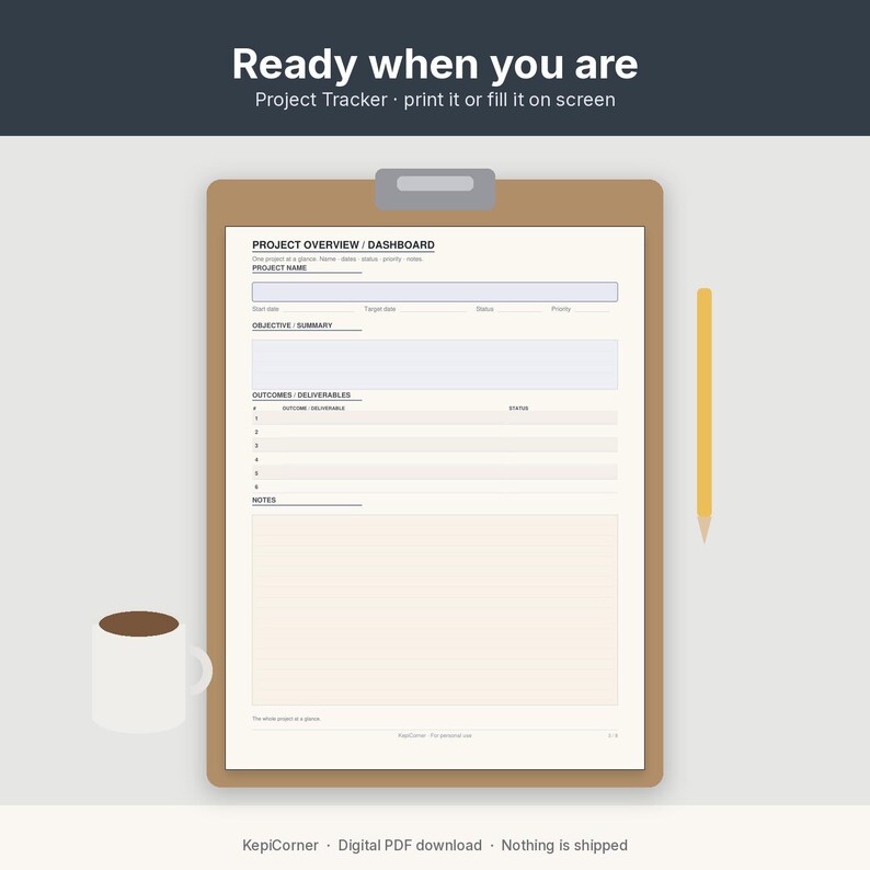 Project Tracker Printable | Project Planner Fillable PDF | One Project Overview Letter A4 image 2