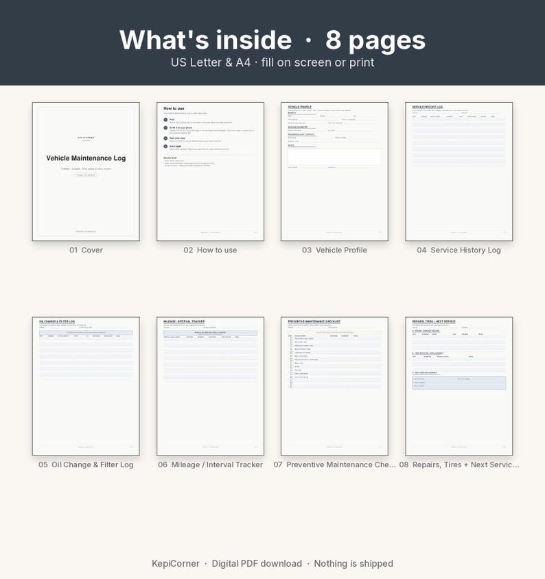 Vehicle Maintenance Log Printable | Car Service Tracker Oil Mileage | Fillable PDF Letter A4 image 3