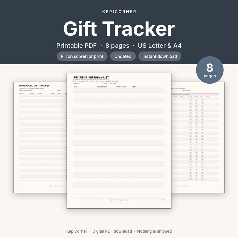 Gift Tracker Printable | Birthday & Holiday Gift List Year-Round | Fillable PDF Letter A4 image 1