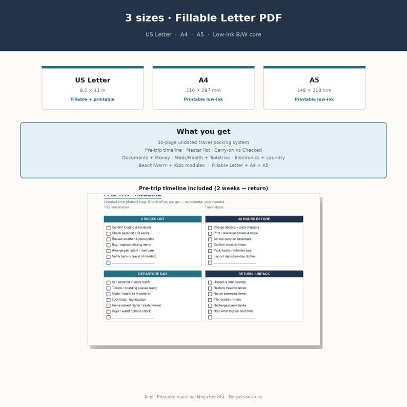May include: A digital travel packing system featuring 3 sizes: US Letter 8.5 x 11 in, A4, and A5. The document includes a 10-page undated travel packing system with a pre-trip timeline, master list, and modules for documents, money, health, and electronics.