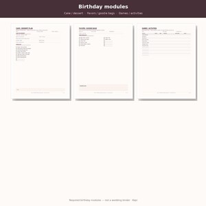 May include: Three white printable pages titled Birthday modules, featuring sections for Cake/Dessert Plan, Favors/Goodie Bags, and Games/Activities. Each page includes checklists, blank lines for notes, and headers for organized party planning.