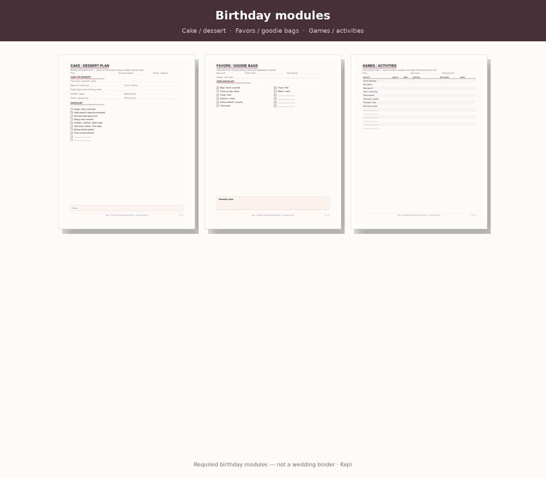 May include: Three white printable pages titled Birthday modules, featuring sections for Cake/Dessert Plan, Favors/Goodie Bags, and Games/Activities. Each page includes checklists, blank lines for notes, and headers for organized party planning.