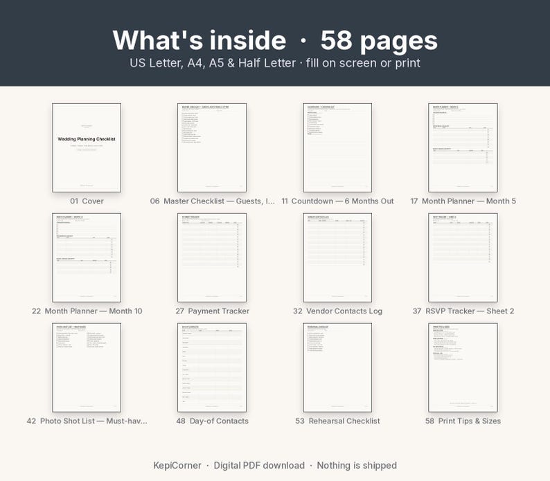 Wedding Planning Checklist Printable Binder | Undated Timeline Guest List Budget Vendor | Fillable PDF Letter A4 A5 image 2