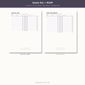May include: Two white printable planner pages for tracking a guest list and RSVP status. The left page is titled GUEST LIST + RSVP, and the right page is titled GUEST LIST / RSVP OVERFLOW. Both feature columns for names, contact, and checkboxes.