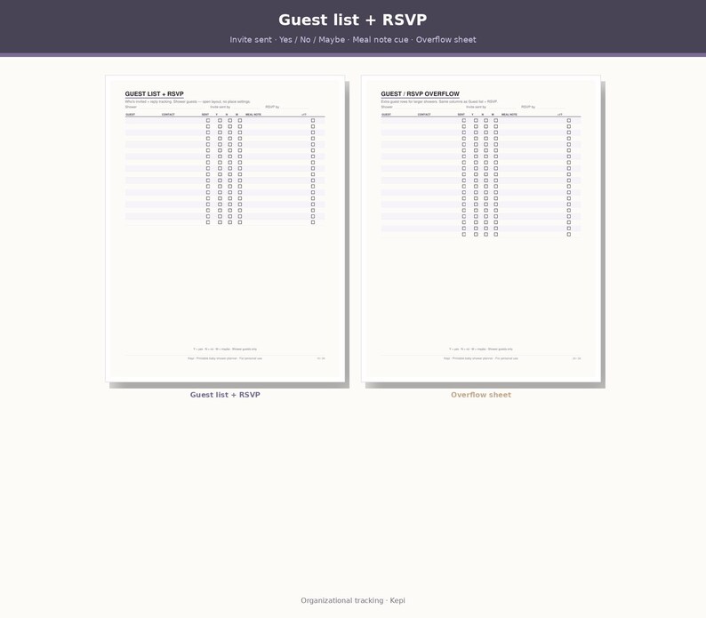 May include: Two white printable planner pages for tracking a guest list and RSVP status. The left page is titled GUEST LIST + RSVP, and the right page is titled GUEST LIST / RSVP OVERFLOW. Both feature columns for names, contact, and checkboxes.