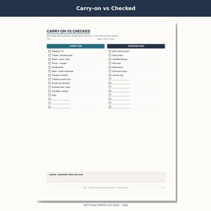 May include: A white travel packing checklist titled CARRY-ON VS CHECKED with two columns for organizing items. The document features checkboxes for categories like passport, tickets, electronics, and toiletries, with a section for notes at the bottom.