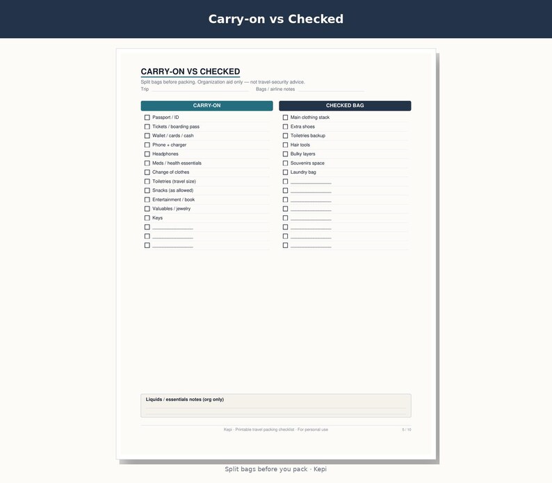 May include: A white travel packing checklist titled CARRY-ON VS CHECKED with two columns for organizing items. The document features checkboxes for categories like passport, tickets, electronics, and toiletries, with a section for notes at the bottom.