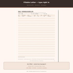 May include: A digital daily session hours log template with a white background and light peach horizontal lines. The document includes headers for date, organization, activity, start and end times, hours, supervisor initials, and notes for tracking.