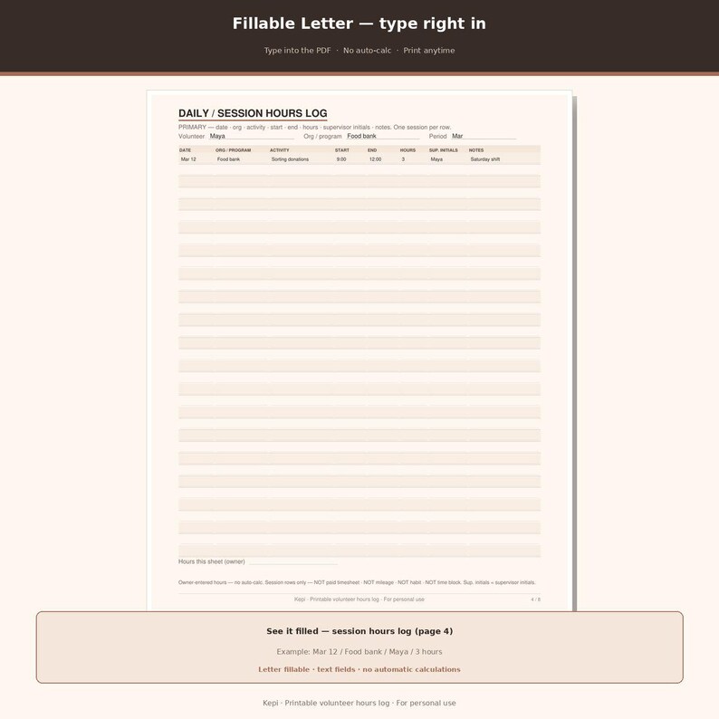 May include: A digital daily session hours log template with a white background and light peach horizontal lines. The document includes headers for date, organization, activity, start and end times, hours, supervisor initials, and notes for tracking.