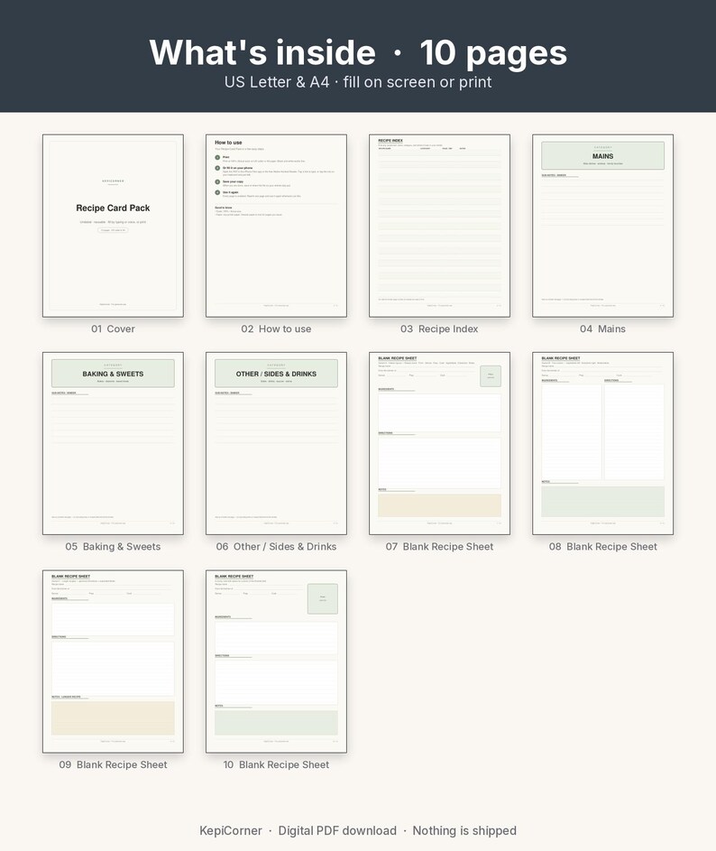 Recipe Card Pack Printable | Recipe Binder Pages Index Dividers | Fillable PDF Letter A4 image 3