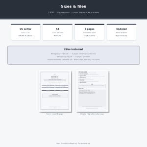 May include: A digital mileage log template featuring two PDF files, 8 pages each, in US Letter 8.5 x 11 inch and A4 sizes. The document includes a cover page and a how-to guide for tracking trip miles, designed as a fillable and printable form.