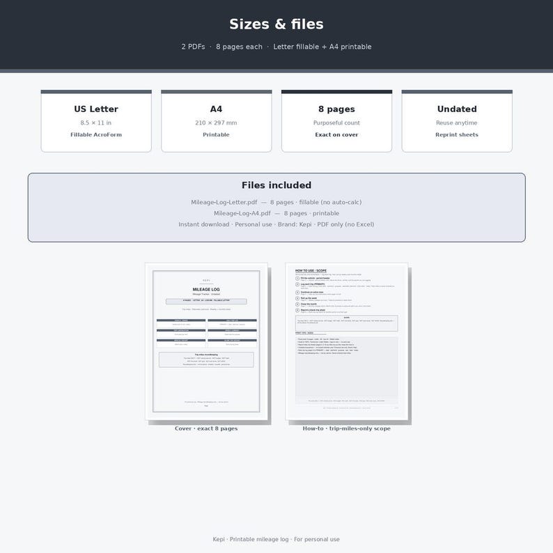 May include: A digital mileage log template featuring two PDF files, 8 pages each, in US Letter 8.5 x 11 inch and A4 sizes. The document includes a cover page and a how-to guide for tracking trip miles, designed as a fillable and printable form.