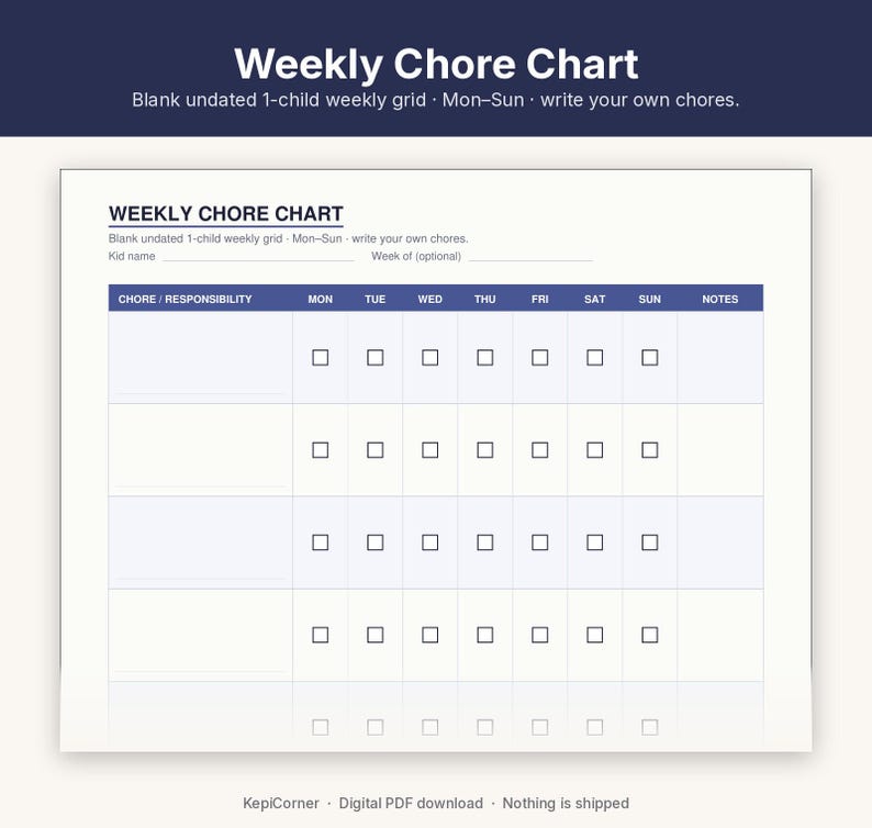 Kids Chore Chart Printable | Weekly Daily Responsibility Chart | Fillable PDF Letter A4 image 2