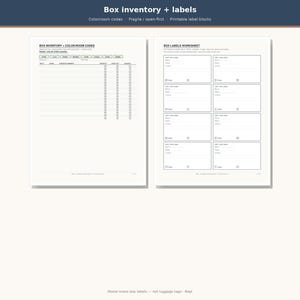 May include: A printable moving organization set featuring two white pages. The left page is a box inventory sheet with a color-room code legend and columns for contents, fragile, open-first, and packed status. The right page contains eight box labels.
