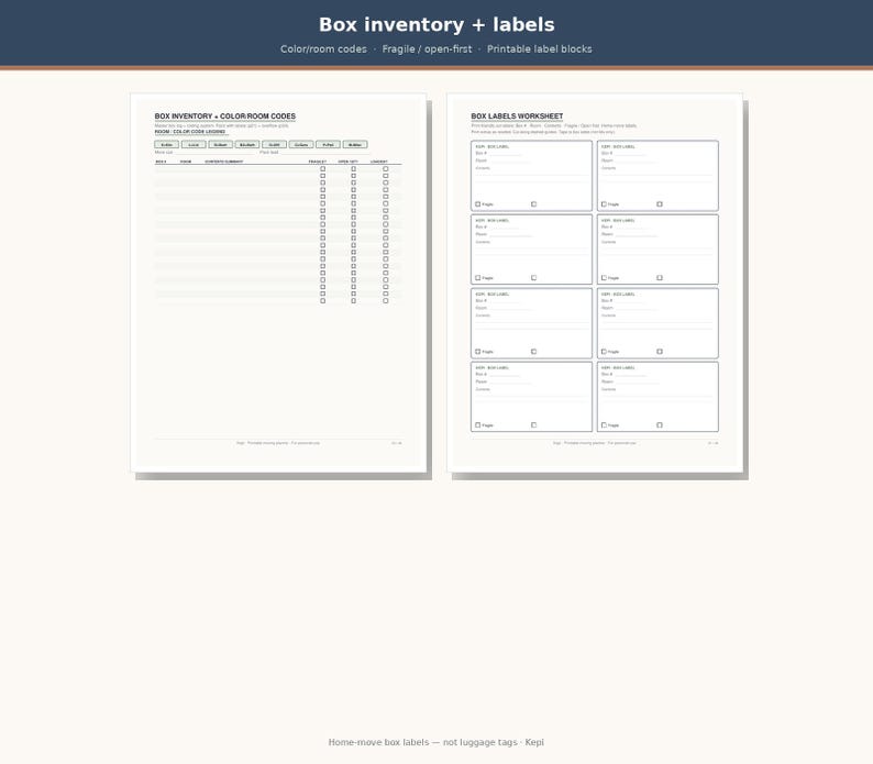 May include: A printable moving organization set featuring two white pages. The left page is a box inventory sheet with a color-room code legend and columns for contents, fragile, open-first, and packed status. The right page contains eight box labels.