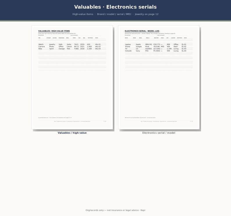 May include: Two white pages featuring black text and grid lines for tracking personal property. The left page is titled Valuables / High-Value Items, and the right page is titled Electronics Serial / Model Log, both designed for organized record keeping.