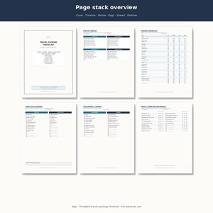 May include: A digital travel packing checklist document featuring six distinct pages titled Page stack overview, Travel packing checklist, Pre-trip timeline, Master packing list, Carry-on vs checked, Electronics + laundry, and Beach - warm-weather module.
