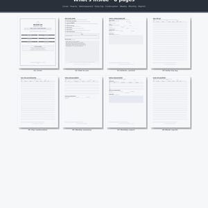 May include: A set of eight printable mileage log pages featuring a cover, instructions, vehicle and period details, daily trip logs, trip continuation, weekly summary, monthly report, and a blank reprint page, all presented in a clean white layout.