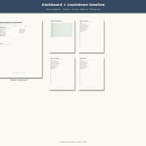 May include: A digital moving planner set featuring a master dashboard and a countdown timeline. The pages include sections for move snapshot, 6-8 week, 2-4 week, week-of, and moving day tasks. The layout is white with black text and lines.