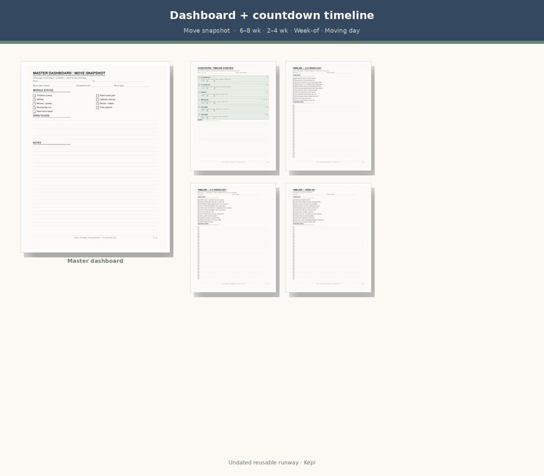 May include: A digital moving planner set featuring a master dashboard and a countdown timeline. The pages include sections for move snapshot, 6-8 week, 2-4 week, week-of, and moving day tasks. The layout is white with black text and lines.