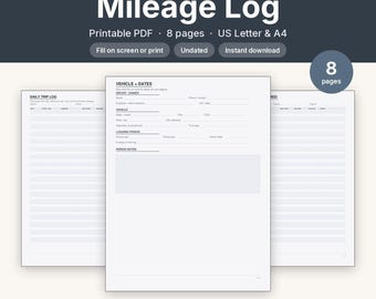 Mileage Log Printable | Trip Mileage Tracker Fillable PDF | Letter A4