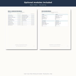 May include: Two white printable packing list templates titled Beach/Warm-Weather Module and Kids Packing Module. Each page features organized checklists with checkboxes for items like swimwear, clothing, and entertainment, designed for travel organization.