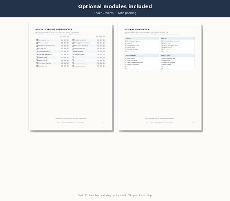 May include: Two white printable packing list templates titled Beach/Warm-Weather Module and Kids Packing Module. Each page features organized checklists with checkboxes for items like swimwear, clothing, and entertainment, designed for travel organization.