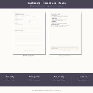 May include: A printable baby shower planner featuring two white pages titled Master Dashboard and How to Use + Reuse. The layout includes sections for guest tracking, event details, and notes, with a dark purple footer summarizing planning steps.