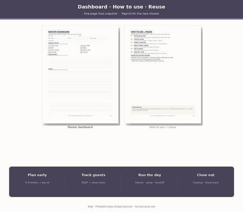 May include: A printable baby shower planner featuring two white pages titled Master Dashboard and How to Use + Reuse. The layout includes sections for guest tracking, event details, and notes, with a dark purple footer summarizing planning steps.