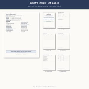 May include: A 24-page printable home inventory record book featuring a detailed index, cover page, policy cue, room logs, valuables list, claim ready checklist, and rooms done summary. The document includes structured sections for organizing household items.