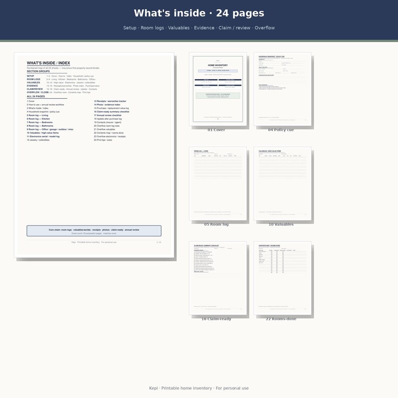 May include: A 24-page printable home inventory record book featuring a detailed index, cover page, policy cue, room logs, valuables list, claim ready checklist, and rooms done summary. The document includes structured sections for organizing household items.