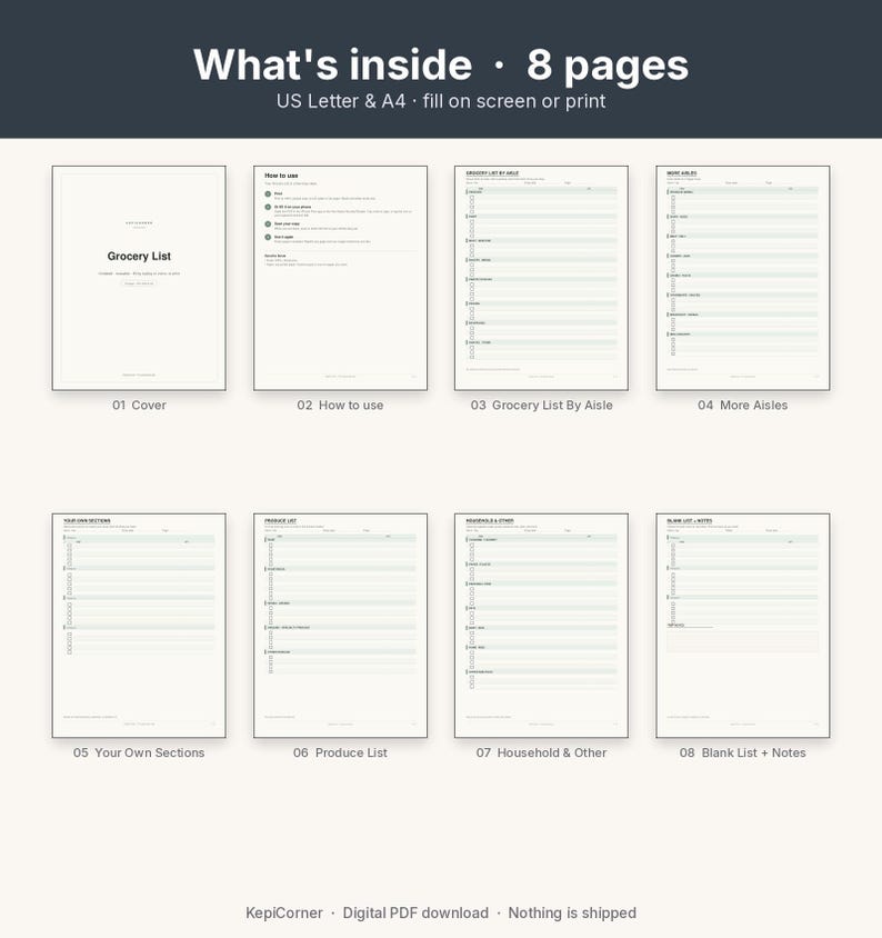 Grocery List Printable | Shopping List Pad Fillable PDF | Categorized Checklist Letter A4 image 3