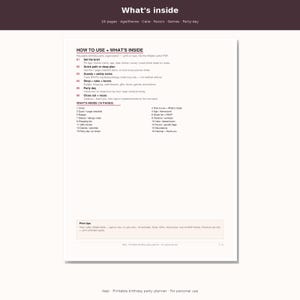 May include: A printable birthday party planner document featuring a white background with black text. The page includes sections titled How to Use and What's Inside, listing sixteen pages of organizational content for party planning and event management.
