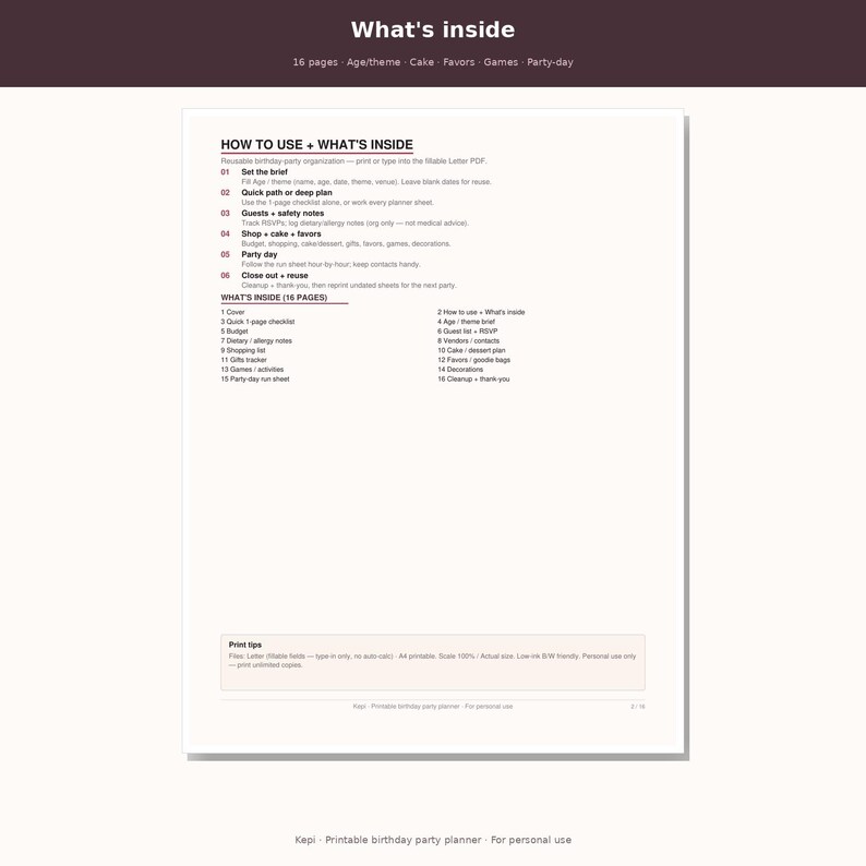 May include: A printable birthday party planner document featuring a white background with black text. The page includes sections titled How to Use and What's Inside, listing sixteen pages of organizational content for party planning and event management.