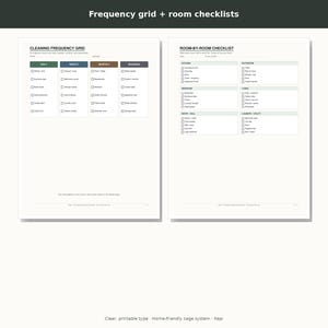 May include: A two-page printable cleaning planner featuring a Cleaning Frequency Grid on the left and a Room-by-Room Checklist on the right. The documents use black text on white paper with colored headers for daily, weekly, monthly, and seasonal tasks.