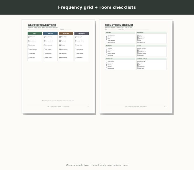 May include: A two-page printable cleaning planner featuring a Cleaning Frequency Grid on the left and a Room-by-Room Checklist on the right. The documents use black text on white paper with colored headers for daily, weekly, monthly, and seasonal tasks.