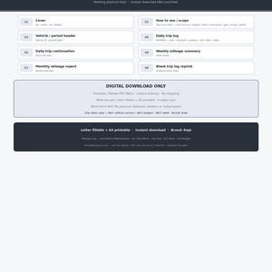 May include: A digital PDF mileage log template featuring eight sections including a cover, vehicle header, daily trip log, weekly mileage summary, and monthly report. The document is labeled as letter fillable and A4 printable by brand Kepi.