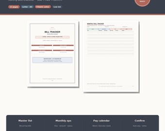 Bill Tracker Printable | Monthly Bills Checklist Payment Organizer | Fillable PDF Letter A4