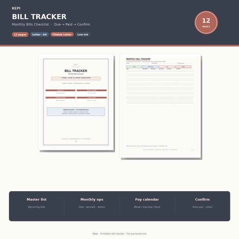 May include: A digital bill tracker template featuring a cover page and a monthly tracking sheet. The document includes sections for a master list, monthly operations, pay calendar, and confirmation, with text labels like BILL TRACKER.