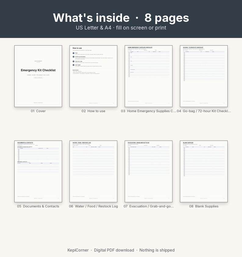 Emergency Kit Checklist Printable | Go-Bag Preparedness Fillable PDF | Home Supplies Letter A4 image 3