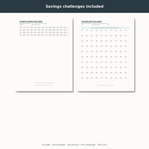 May include: Two white paper sheets featuring savings challenges. The left sheet is titled 52-Week Savings Challenge with rows of checkboxes. The right sheet is titled 100-Envelope Challenge with a grid of envelope icons. Text reads Savings challenges included.
